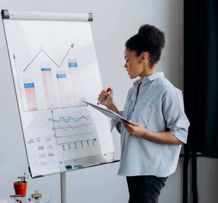 Professional businesswoman presenting data analytics on a flipchart in a modern office.